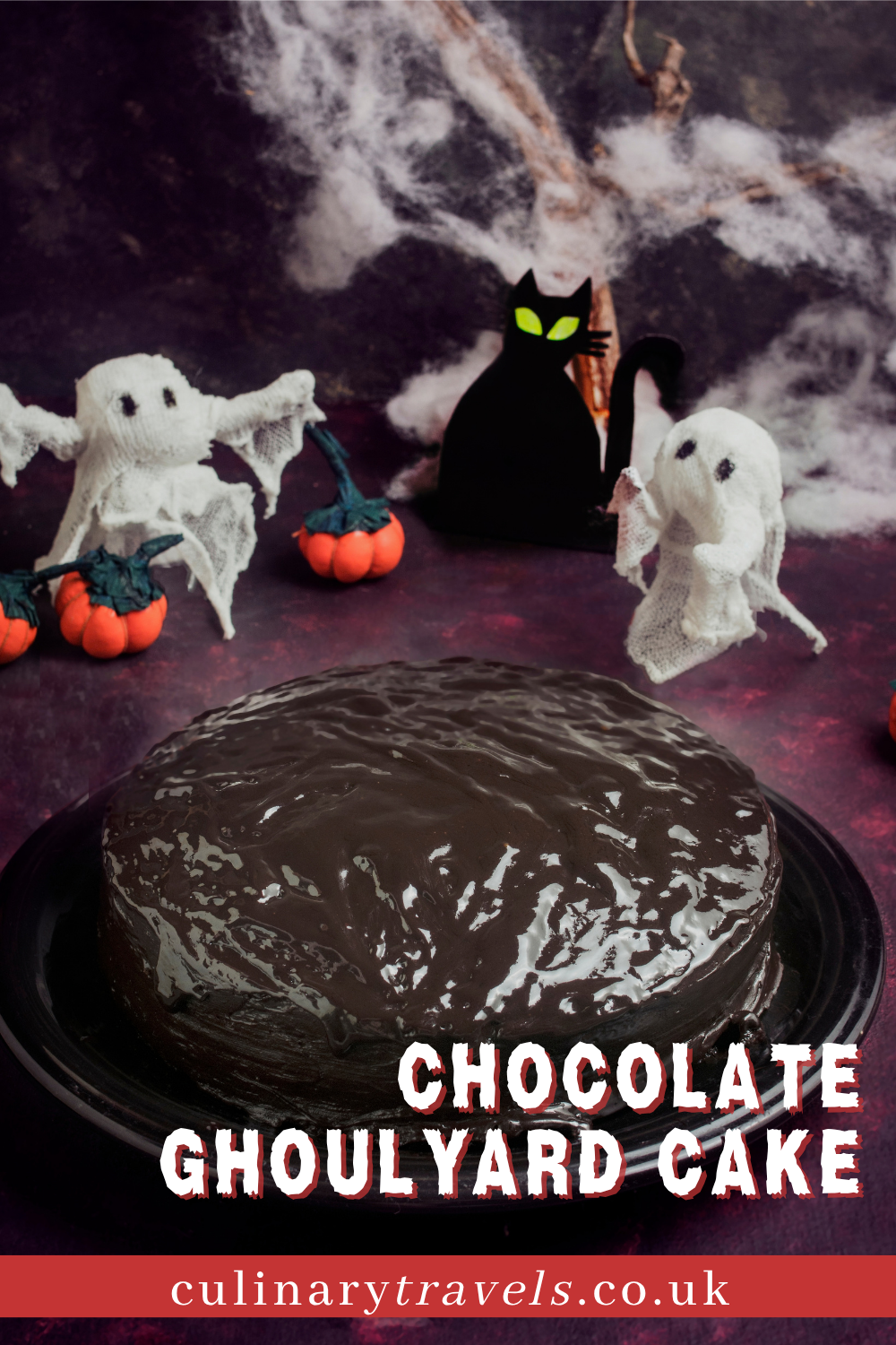 Pinterest graphic for Chocolate Ghoulyard Cake showing a glossy chocolate Halloween cake with ghost and pumpkin decorations.